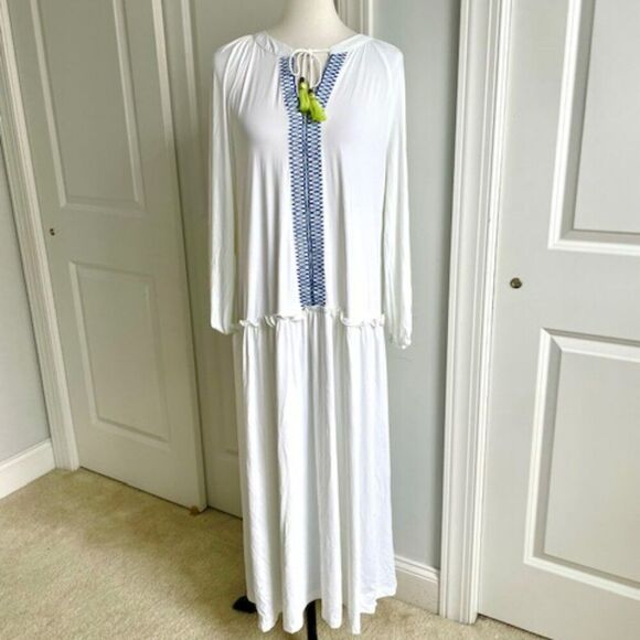 Cabana Life Dresses & Skirts - Cabana Life Long Sleeve White Blue Maxi Dress with Tassel Ties Size Large